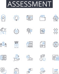 Assessment line icons collection. Appraisal, Evaluation, Analysis, Estimate, Judgment, Review, Diagnosis vector and linear illustration. Survey,Inspection,Diagnosis outline signs set