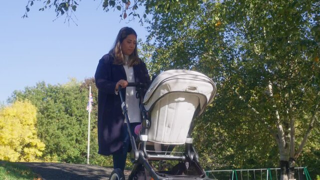 MS TS SLO MO Mother walking with daughter (2-3) in stroller