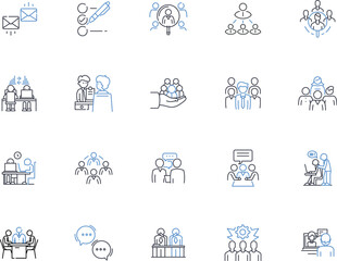 Interacting line icons collection. communicating, connecting, conversing, collaborating, mingling, nerking, engaging vector and linear illustration. socializing,sharing,participating outline signs set