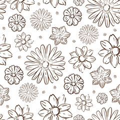 SKETCH STYLE FLOWERS Botanical Monochrome Floral Sketch With Chamomile And Wildflowers On White Background Wall Art Packaging Seamless Pattern Vector For Print