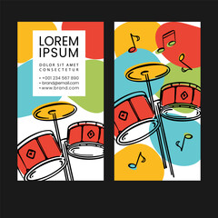 SKETCHED DRUMS Abstract Design Business Card With Drums And Notes Illustration And Colorful Spots For Music Lessons Bright Template Education Vector Collection