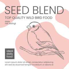 WILD BIRD FOOD PACKAGING DESIGN Sketched Bullfinch Modern Design With Abstract Elements Vector Illustration For Print Monochrome Template With Pink Color Spots