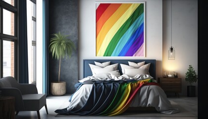 Bedroom interior with LGBTQ colors, generative ai