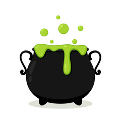 Halloween witches violet cauldron with poison potion isolated on white background. Vector Illustration of a Witch's Cauldron.