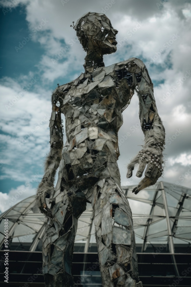 Poster an evocative sculpture of a man with a shattered mosaic pattern. ai generative image.