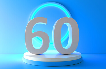 Number 60 in white on light blue background, isolated number 3d rendering. Sixty word text.