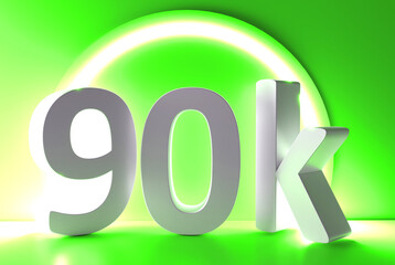 90K Followers. Achievement in 90K followers. 90 000 followers background. Congratulating networking thanks, net friends abstract image, customers. 3d rendering. Isolated like and thumbs. Web banner.