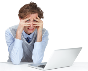 Laptop, stress and hands on face of man portrait with anxiety on isolated, transparent and png background. Mistake, corporate or employee with guilt, pressure or frustrated by online, glitch or 404