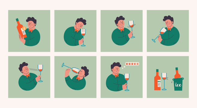 A cute character studies information on a bottle of wine, tastes, color and smells red wine. Assesses the blend and awards stars to the wine. Vector illustrations for wine tasting design.