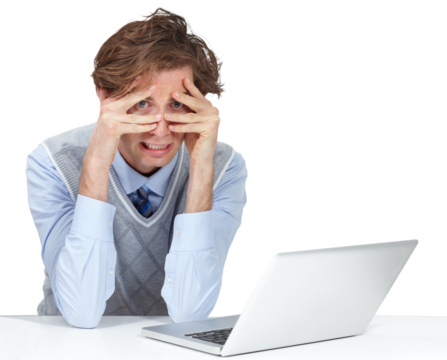 Laptop, stress and hands on face of man portrait with anxiety on isolated, transparent and png background. Mistake, corporate or employee with guilt, pressure or frustrated by online, glitch or 404 - Powered by Adobe