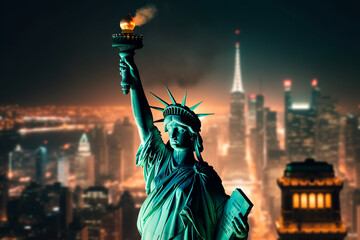 Fototapeta premium Generative Ai of the American flag and the Statue of liberty. Background for independence day - 4th of July.
