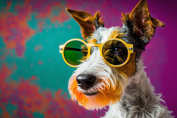 Generative AI of a funky fox-terrier wearing glasses with colorful background. - obrazy, fototapety, plakaty