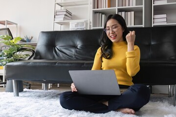 euphoric young asian woman celebrating winning or getting ecommerce shopping offer on computer...