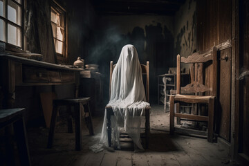 Generative Ai of a white-sheet ghost sitting on a chair in a haunted house. 