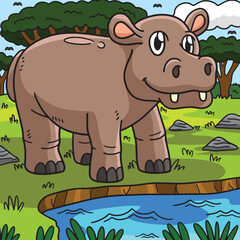 Hippopotamus Animal Colored Cartoon Illustration