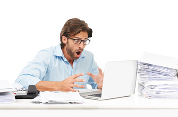 Business man, stress and mistake on laptop with paperwork, glitch or internet problem. Male...