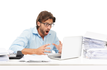 Business man, stress and mistake on laptop with paperwork, glitch or internet problem. Male accountant with anxiety, crisis and tech for reading news email isolated on transparent, png background