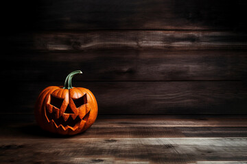 Generative AI. Halloween pumpkin head jack-o-lantern on dark wooden background
