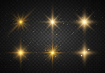 Sparkle magic dust particles. Gold glitter glowing lights effect. Yellow starts and explosion isolated on transparent background. Light sun gold png. Star burst with sparks. Vector illustration.