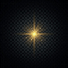 Gold glitter star burst with sparkles. Lights explodes, light effect design element. Vector illustration of shiny glow star with stardust, gold lens flare. Flash magical glow. Sun, sun rays png. 