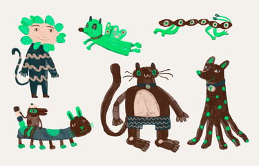 Monsters watercolor charector design set isolated on a white background. Cute animal illustration. children art, doodle style