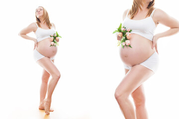 Piękna kobieta w ciąży z kwiatami tulipanów trzyma ręce na brzuchu. Młoda kobieta w sukience czeka na narodziny dziecka. Ciąża, macierzyństwo, dzień matki - obrazy, fototapety, plakaty