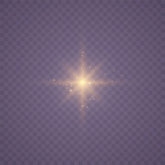 Sun rays png. Set of realistic sparkling golden star lit and blinking on transparent background. Stars explode with glitter elements sparks. Light burst with sparkles. Vector illustration.