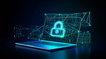 Fototapeta premium Concept of a laptop with a lock and security made of lines, triangles, and particles. drawing in vector format. AI generators.