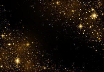 Yellow dust spark. Beautiful light flashes. Texture background abstract black and gold. Glitter sparkle and elegant for Christmas. Dust particles fly in space. Magic concept bokeh effect vector.