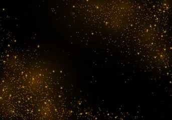 Golden dust light png. Yellow dust sparks and gold stars shine with special light. Christmas glowing light bokeh confetti and sparkle overlay texture for your design. Vector illustration.