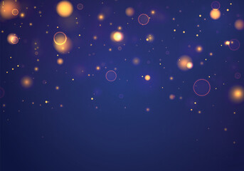 Obraz premium Glowing yellow bokeh circles, sparkling golden dust. Abstract glitter defocused blinking stars and sparks. Blurred light bokeh on dark blue background. Vector sparkles.