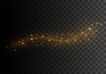 Abstract shiny color golden wave design element with glitter effect on dark background. Light golden swirl. Curve gold line light effect. Vector illustration.