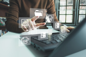 Document Management System DMS, Online document database management, Organization document Organized, automated processes to manage files, ERP enterprise efficient, business technology.