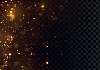 Sparks and golden stars shine with special light on a black background. Christmas concept bokeh. Abstract vector golden sparkles. Sparkling magical dust particles.