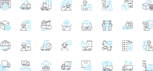 Stockroom supply linear icons set. Inventory, Warehouse, Logistics, Supplies, Storage, Stockpile, Distribution line vector and concept signs. Replenish,Cargo,Loading outline illustrations
