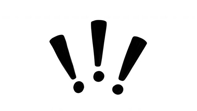 Three doodle exclamation marks, stop motion animation on a white background 