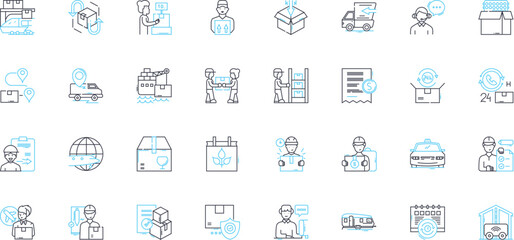 Supply chain management linear icons set. Logistics, Efficiency, Optimization, Sourcing, Planning, Delivery, Inventory line vector and concept signs. Collaboration,Procurement,Transparency outline