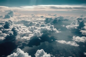 Fototapeta na wymiar White clouds against the blue sky from the airplane. Generative AI.