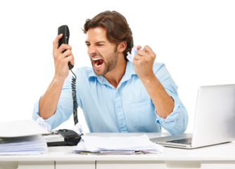 Anger, telephone call and business man shouting over bad tech, service or communication problem. Administration, paperwork and stress or angry male accountant isolated on transparent, png background