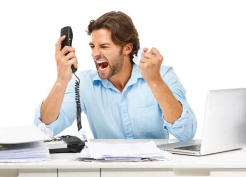 Anger, telephone call and business man shouting over bad tech, service or communication problem. Administration, paperwork and stress or angry male accountant isolated on transparent, png background