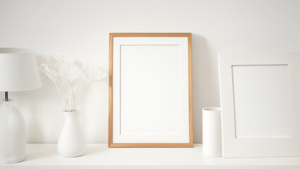 Wooden vertical picture frame on wall with decoration and shelf