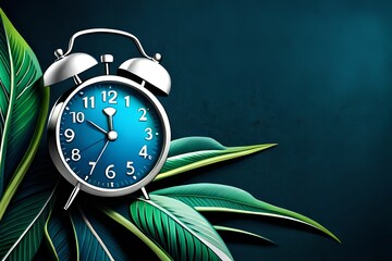 alarm clock with green leaves on background
