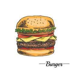 Hand-drawn colored sketch of great delicious sandwich, burger, hamburger isolated on white background. Fast food vintage illustration. Great for menu, poster or restaurant background.