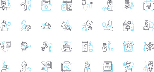 Polyclinic linear icons set. Medical, Healthcare, Clinic, Doctors, Nurses, Specialists, Patient-focused line vector and concept signs. Ambulatory,Outpatient,Consultation outline illustrations