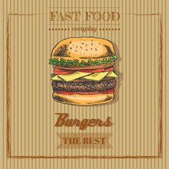 Fast food  menu. Vintage vector illustration. Hand-drawn sketch illustration of burger isolated on vintage  background. Great for menu, poster or restaurant background.