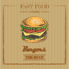 Fast food  menu. Vintage vector illustration. Hand-drawn sketch illustration of burger isolated on vintage  background. Great for menu, poster or restaurant background.