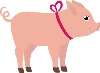Vector illustration of pig character in cartoon style with pink bow. Vector piggy template for baby and children design