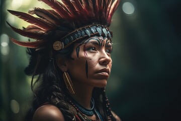 Fototapeta na wymiar Indigenous Brazilian Young Woman, Portrait from Guarani Ethnicity Generative AI 