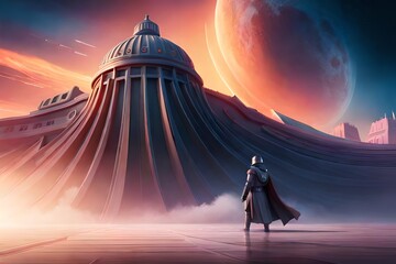 A galactic warrior in front of a fortress in space