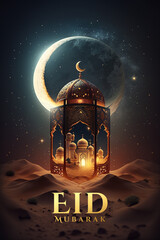 Eid-al-fitr greeting, mosque in an arabic lamp under a crescent moon in the desert